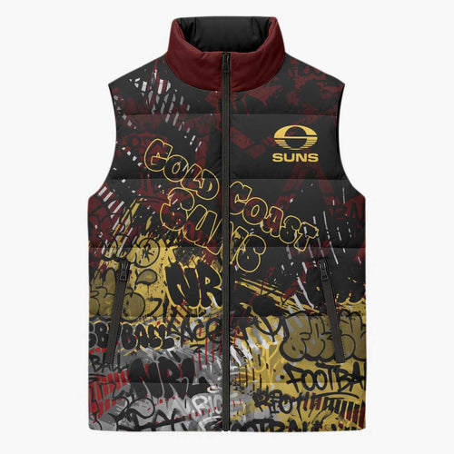 Gold Coast Suns Sleeveless Puffer Jacket Urban Graffiti Street Art - Bold Abstract Spray Paint