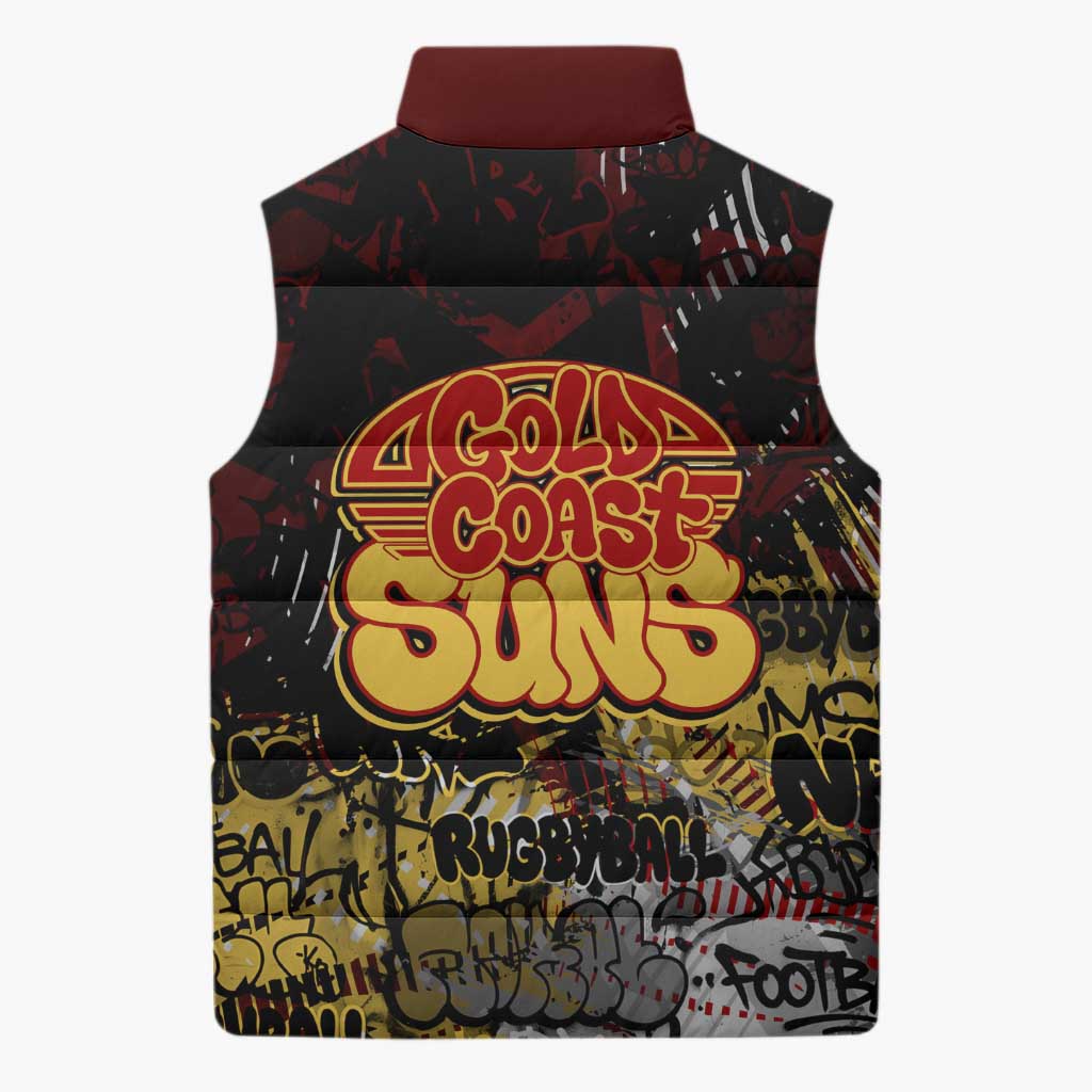 Gold Coast Suns Sleeveless Puffer Jacket Urban Graffiti Street Art - Bold Abstract Spray Paint
