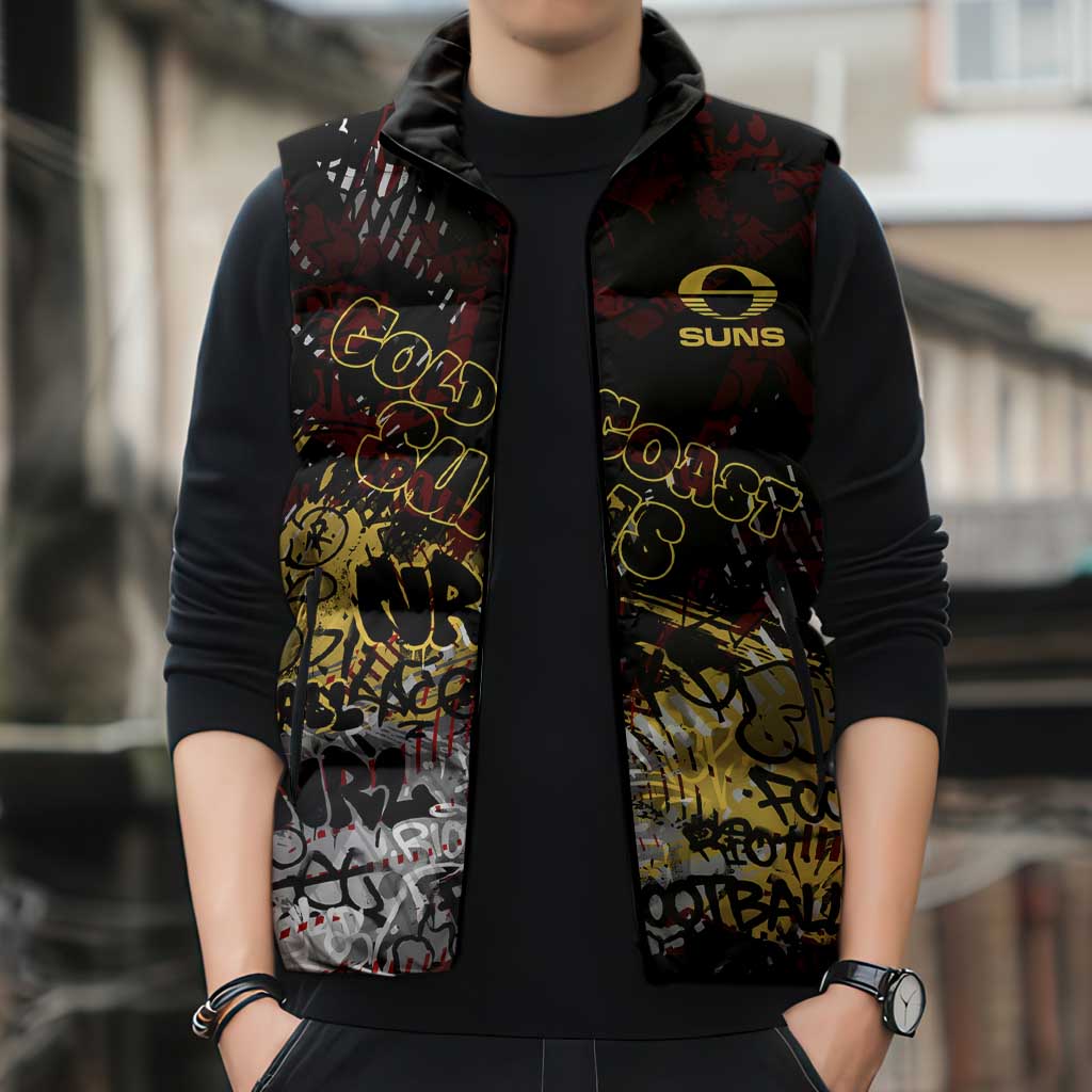 Gold Coast Suns Sleeveless Puffer Jacket Urban Graffiti Street Art - Bold Abstract Spray Paint