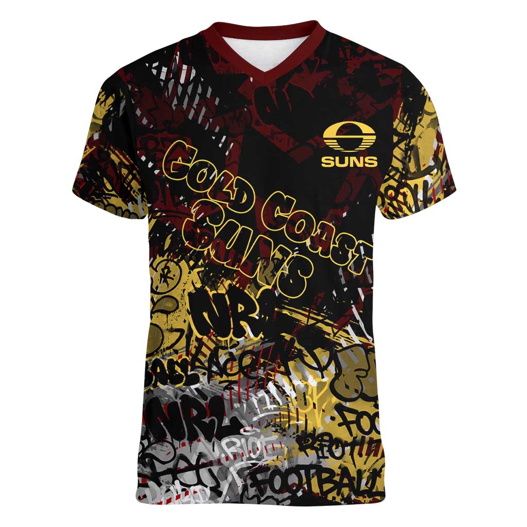 Gold Coast Suns Women V-Neck T-Shirt Urban Graffiti Street Art - Bold Abstract Spray Paint
