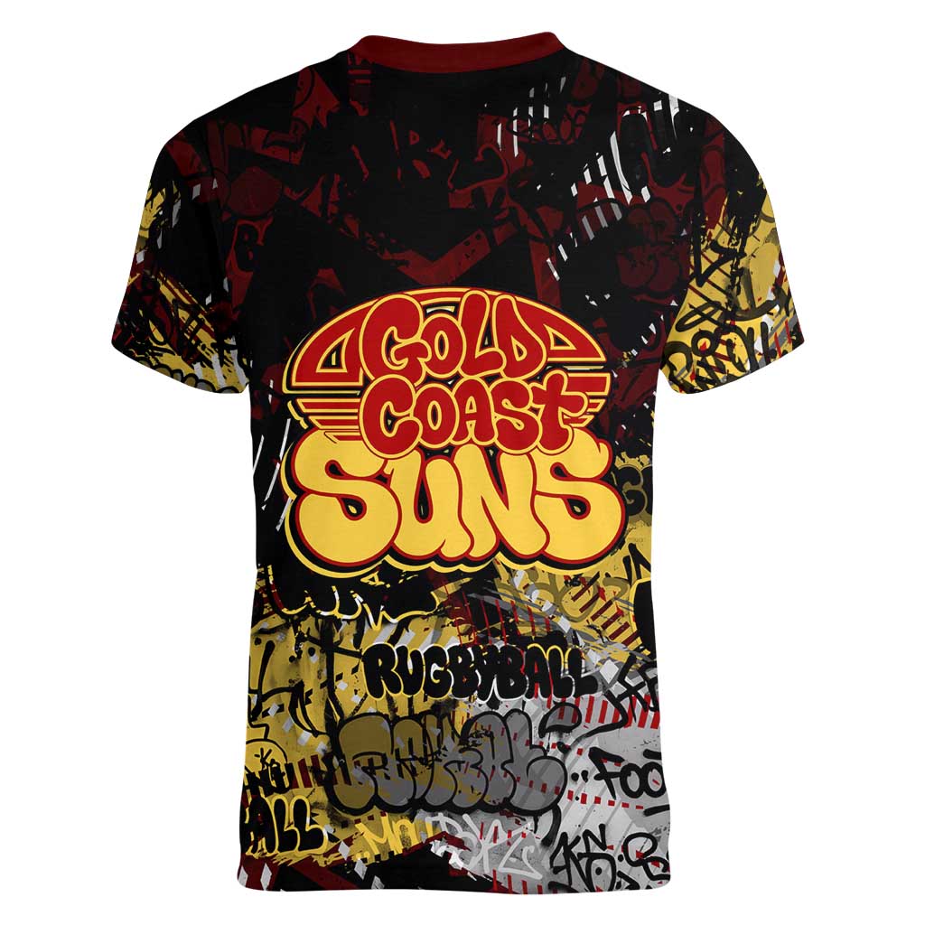 Gold Coast Suns Women V-Neck T-Shirt Urban Graffiti Street Art - Bold Abstract Spray Paint