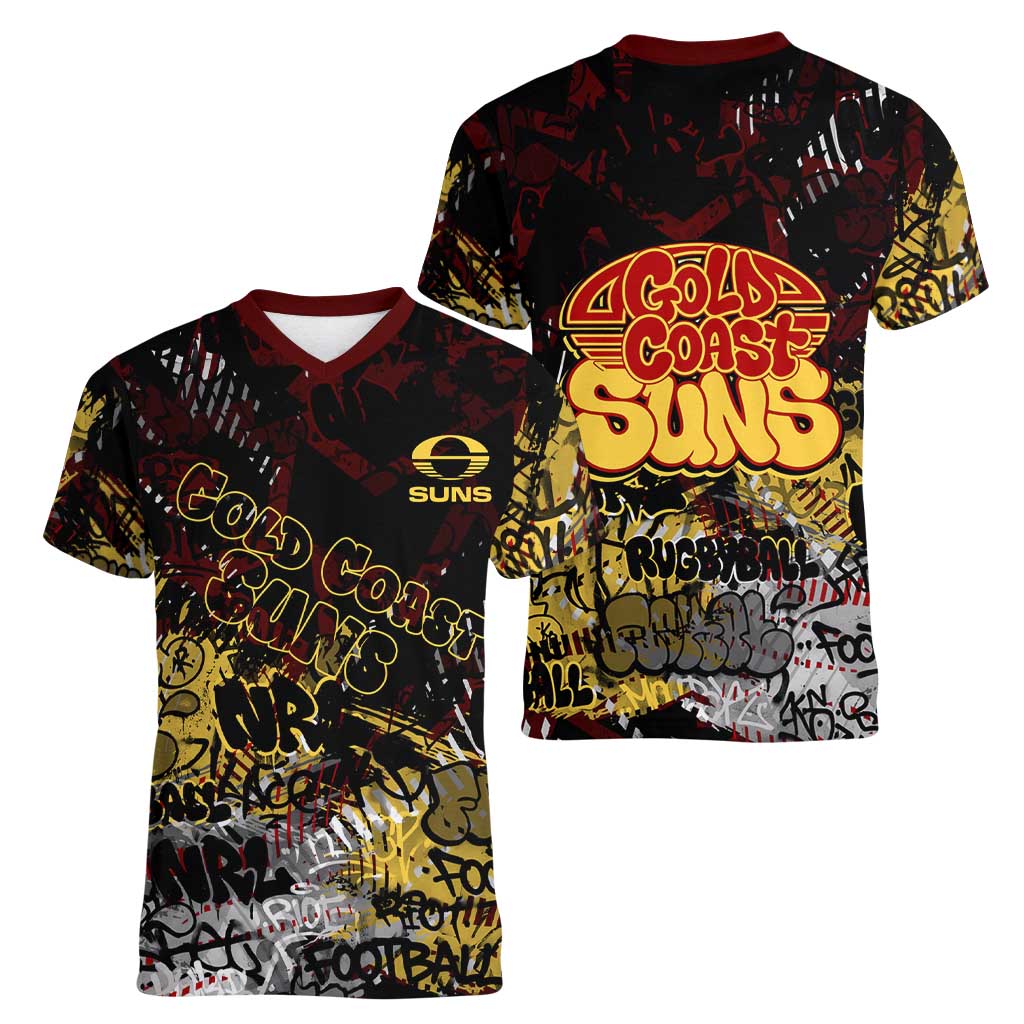 Gold Coast Suns Women V-Neck T-Shirt Urban Graffiti Street Art - Bold Abstract Spray Paint