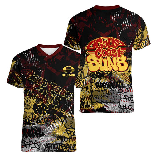 Gold Coast Suns Women V-Neck T-Shirt Urban Graffiti Street Art - Bold Abstract Spray Paint