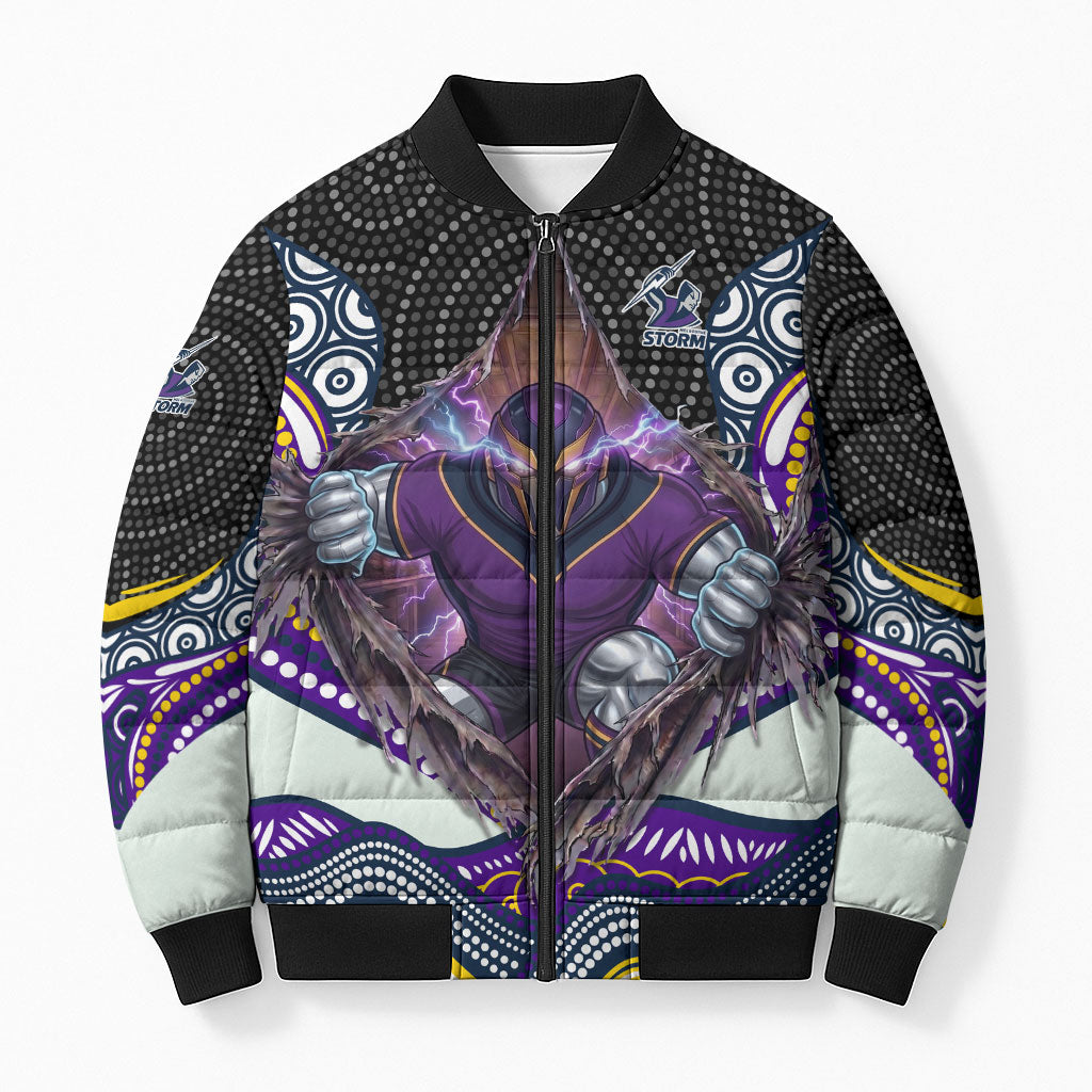 Melbourne Storm Bomber Puffer Jacket The Scream of Lightning Eyes - Indigenous Dot Ripping Effect