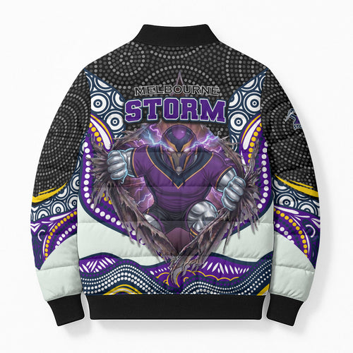 Melbourne Storm Bomber Puffer Jacket The Scream of Lightning Eyes - Indigenous Dot Ripping Effect