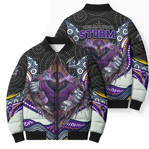 Melbourne Storm Bomber Puffer Jacket The Scream of Lightning Eyes - Indigenous Dot Ripping Effect