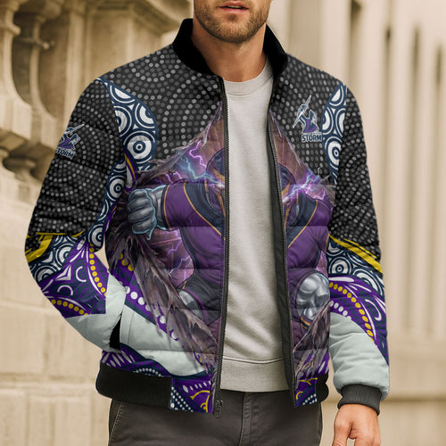 Melbourne Storm Bomber Puffer Jacket The Scream of Lightning Eyes - Indigenous Dot Ripping Effect