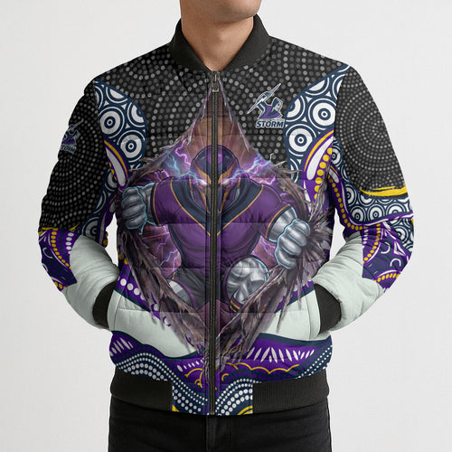 Melbourne Storm Bomber Puffer Jacket The Scream of Lightning Eyes - Indigenous Dot Ripping Effect