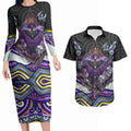 Melbourne Storm Couples Matching Long Sleeve Bodycon Dress and Hawaiian Shirt The Scream of Lightning Eyes - Indigenous Dot Ripping Effect