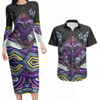 Melbourne Storm Couples Matching Long Sleeve Bodycon Dress and Hawaiian Shirt The Scream of Lightning Eyes - Indigenous Dot Ripping Effect
