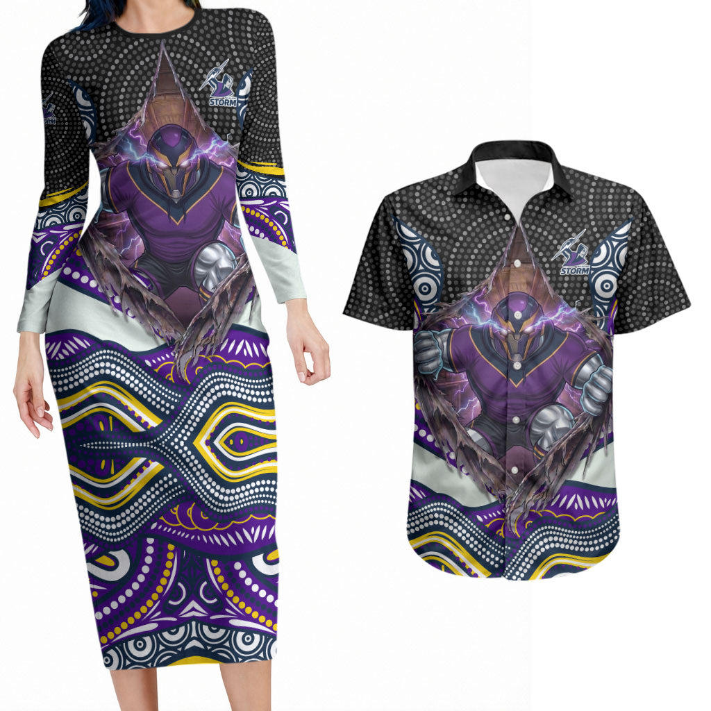 Melbourne Storm Couples Matching Long Sleeve Bodycon Dress and Hawaiian Shirt The Scream of Lightning Eyes - Indigenous Dot Ripping Effect