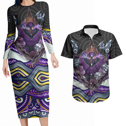 Melbourne Storm Couples Matching Long Sleeve Bodycon Dress and Hawaiian Shirt The Scream of Lightning Eyes - Indigenous Dot Ripping Effect