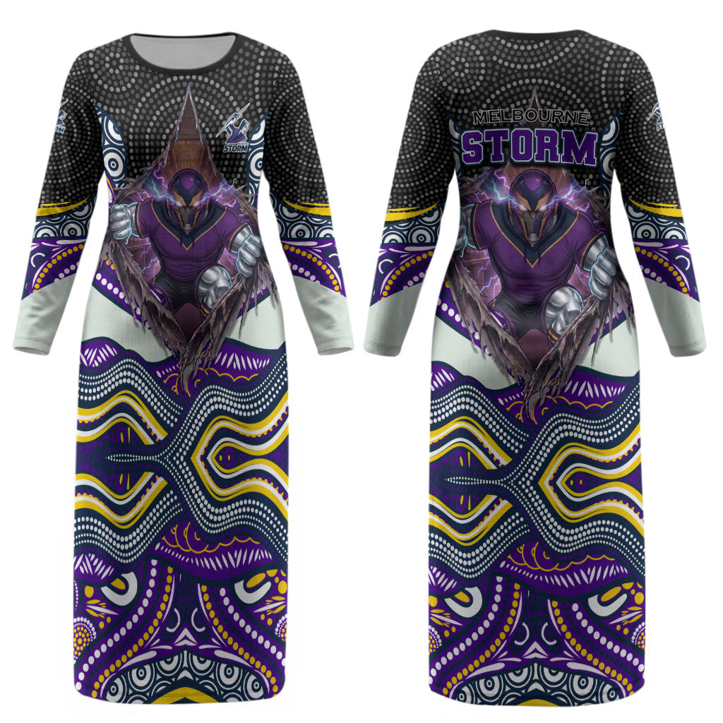 Melbourne Storm Couples Matching Long Sleeve Bodycon Dress and Hawaiian Shirt The Scream of Lightning Eyes - Indigenous Dot Ripping Effect