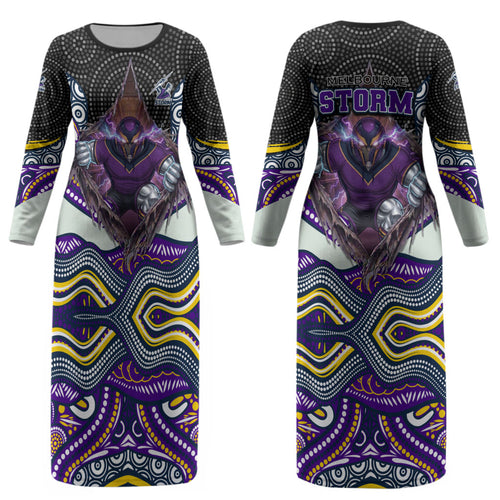 Melbourne Storm Couples Matching Long Sleeve Bodycon Dress and Hawaiian Shirt The Scream of Lightning Eyes - Indigenous Dot Ripping Effect