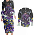 Melbourne Storm Couples Matching Long Sleeve Bodycon Dress and Long Sleeve Button Shirt The Scream of Lightning Eyes - Indigenous Dot Ripping Effect
