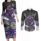 Melbourne Storm Couples Matching Long Sleeve Bodycon Dress and Long Sleeve Button Shirt The Scream of Lightning Eyes - Indigenous Dot Ripping Effect