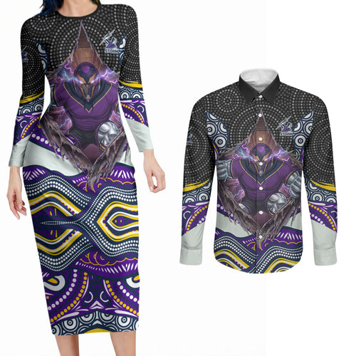 Melbourne Storm Couples Matching Long Sleeve Bodycon Dress and Long Sleeve Button Shirt The Scream of Lightning Eyes - Indigenous Dot Ripping Effect