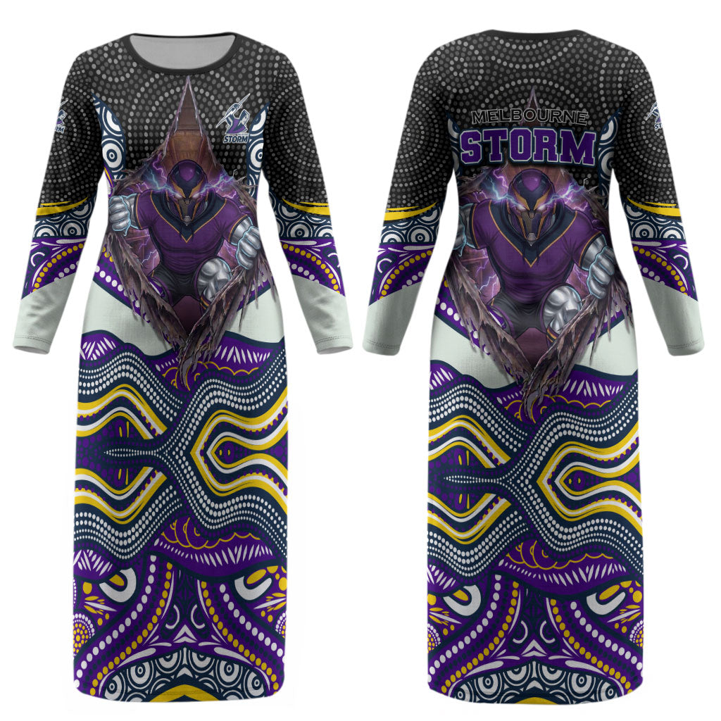 Melbourne Storm Couples Matching Long Sleeve Bodycon Dress and Long Sleeve Button Shirt The Scream of Lightning Eyes - Indigenous Dot Ripping Effect