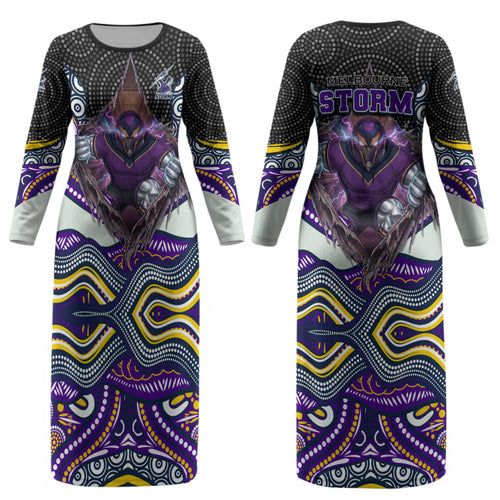 Melbourne Storm Couples Matching Long Sleeve Bodycon Dress and Long Sleeve Button Shirt The Scream of Lightning Eyes - Indigenous Dot Ripping Effect
