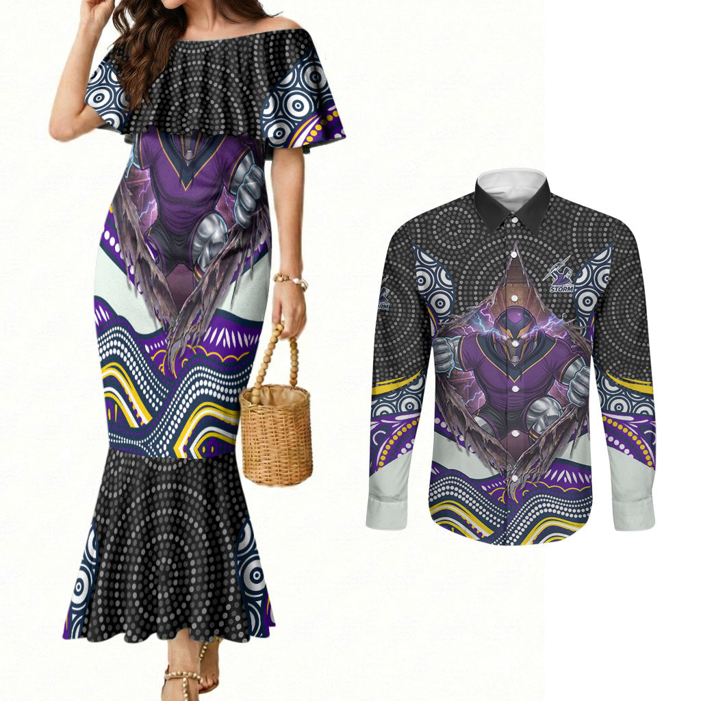 Melbourne Storm Couples Matching Mermaid Dress and Long Sleeve Button Shirt The Scream of Lightning Eyes - Indigenous Dot Ripping Effect