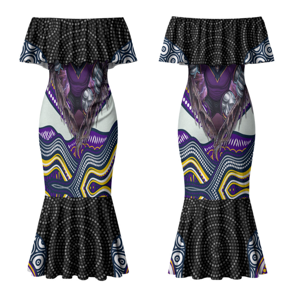 Melbourne Storm Couples Matching Mermaid Dress and Long Sleeve Button Shirt The Scream of Lightning Eyes - Indigenous Dot Ripping Effect