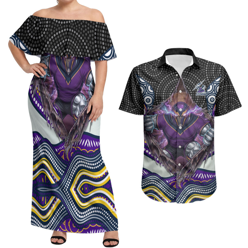 Melbourne Storm Couples Matching Off Shoulder Maxi Dress and Hawaiian Shirt The Scream of Lightning Eyes - Indigenous Dot Ripping Effect