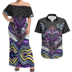 Melbourne Storm Couples Matching Off Shoulder Maxi Dress and Hawaiian Shirt The Scream of Lightning Eyes - Indigenous Dot Ripping Effect