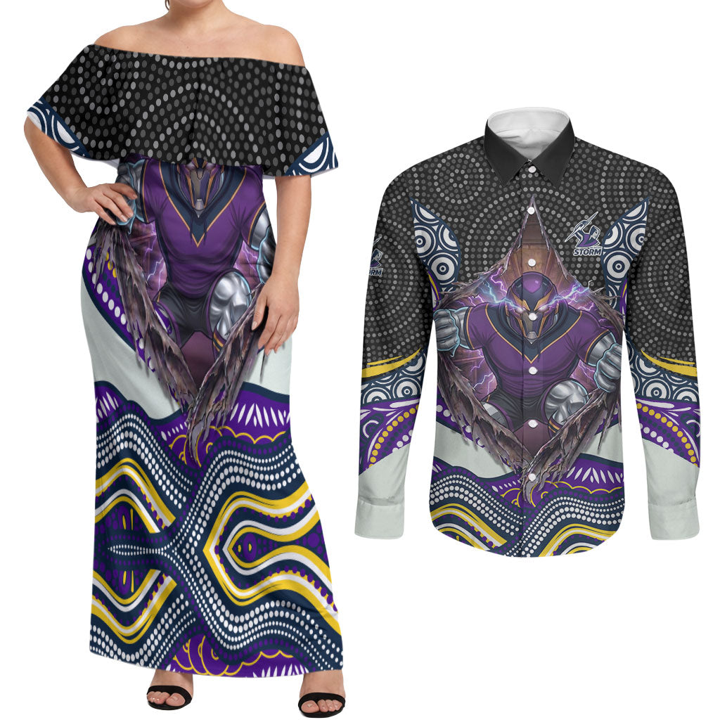 Melbourne Storm Couples Matching Off Shoulder Maxi Dress and Long Sleeve Button Shirt The Scream of Lightning Eyes - Indigenous Dot Ripping Effect