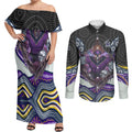 Melbourne Storm Couples Matching Off Shoulder Maxi Dress and Long Sleeve Button Shirt The Scream of Lightning Eyes - Indigenous Dot Ripping Effect