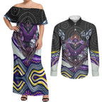 Melbourne Storm Couples Matching Off Shoulder Maxi Dress and Long Sleeve Button Shirt The Scream of Lightning Eyes - Indigenous Dot Ripping Effect