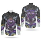 Melbourne Storm Couples Matching Off Shoulder Maxi Dress and Long Sleeve Button Shirt The Scream of Lightning Eyes - Indigenous Dot Ripping Effect