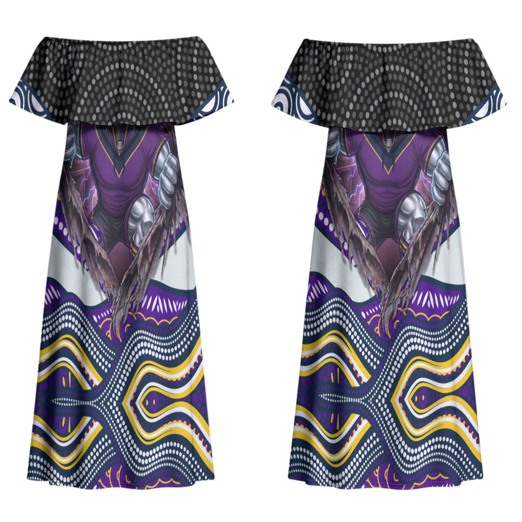 Melbourne Storm Couples Matching Off Shoulder Maxi Dress and Long Sleeve Button Shirt The Scream of Lightning Eyes - Indigenous Dot Ripping Effect
