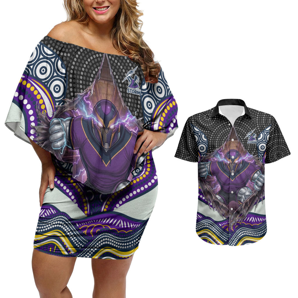 Melbourne Storm Couples Matching Off Shoulder Short Dress and Hawaiian Shirt The Scream of Lightning Eyes - Indigenous Dot Ripping Effect