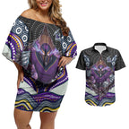Melbourne Storm Couples Matching Off Shoulder Short Dress and Hawaiian Shirt The Scream of Lightning Eyes - Indigenous Dot Ripping Effect