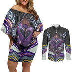 Melbourne Storm Couples Matching Off Shoulder Short Dress and Long Sleeve Button Shirt The Scream of Lightning Eyes - Indigenous Dot Ripping Effect