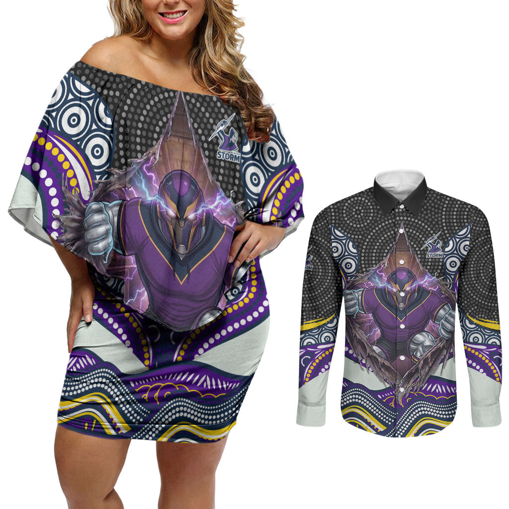 Melbourne Storm Couples Matching Off Shoulder Short Dress and Long Sleeve Button Shirt The Scream of Lightning Eyes - Indigenous Dot Ripping Effect