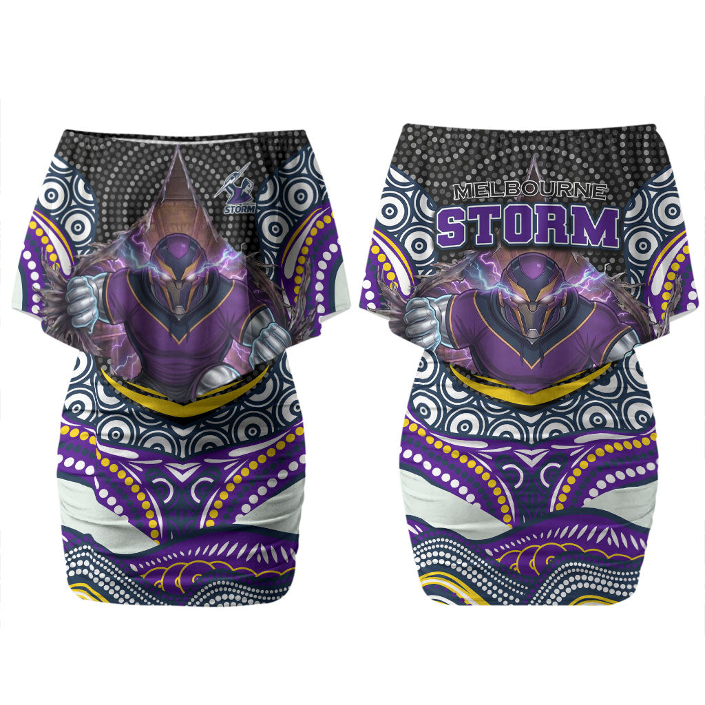 Melbourne Storm Couples Matching Off Shoulder Short Dress and Long Sleeve Button Shirt The Scream of Lightning Eyes - Indigenous Dot Ripping Effect