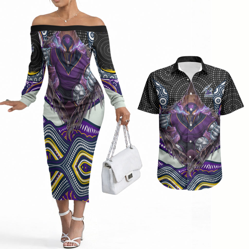 Melbourne Storm Couples Matching Off The Shoulder Long Sleeve Dress and Hawaiian Shirt The Scream of Lightning Eyes - Indigenous Dot Ripping Effect