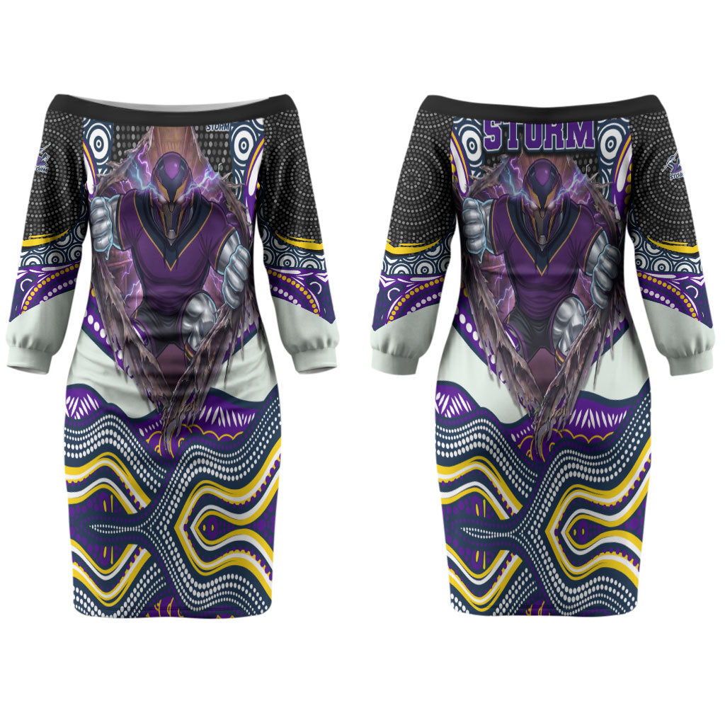 Melbourne Storm Couples Matching Off The Shoulder Long Sleeve Dress and Hawaiian Shirt The Scream of Lightning Eyes - Indigenous Dot Ripping Effect