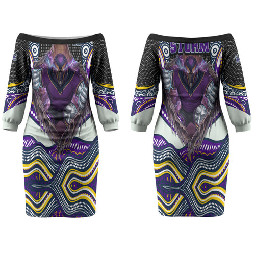 Melbourne Storm Couples Matching Off The Shoulder Long Sleeve Dress and Hawaiian Shirt The Scream of Lightning Eyes - Indigenous Dot Ripping Effect