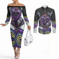 Melbourne Storm Couples Matching Off The Shoulder Long Sleeve Dress and Long Sleeve Button Shirt The Scream of Lightning Eyes - Indigenous Dot Ripping Effect