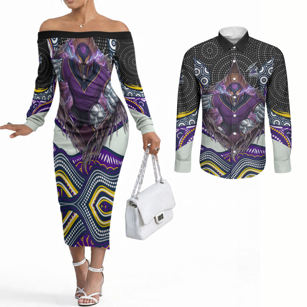 Melbourne Storm Couples Matching Off The Shoulder Long Sleeve Dress and Long Sleeve Button Shirt The Scream of Lightning Eyes - Indigenous Dot Ripping Effect