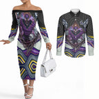 Melbourne Storm Couples Matching Off The Shoulder Long Sleeve Dress and Long Sleeve Button Shirt The Scream of Lightning Eyes - Indigenous Dot Ripping Effect