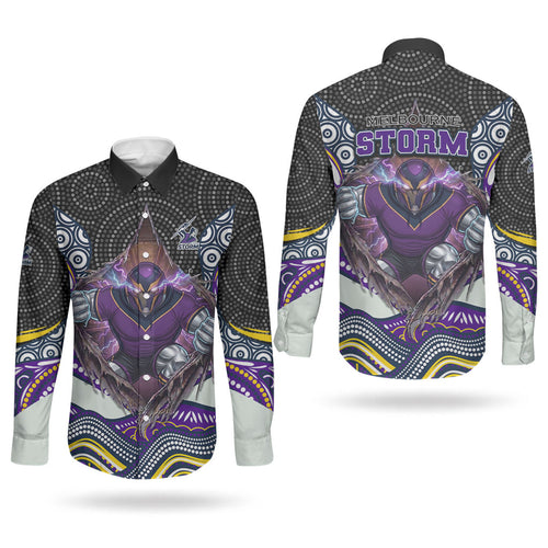 Melbourne Storm Couples Matching Off The Shoulder Long Sleeve Dress and Long Sleeve Button Shirt The Scream of Lightning Eyes - Indigenous Dot Ripping Effect