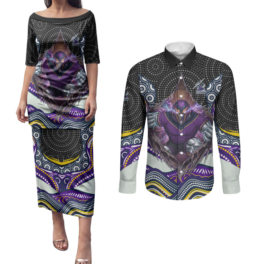 Melbourne Storm Couples Matching Puletasi and Long Sleeve Button Shirt The Scream of Lightning Eyes - Indigenous Dot Ripping Effect
