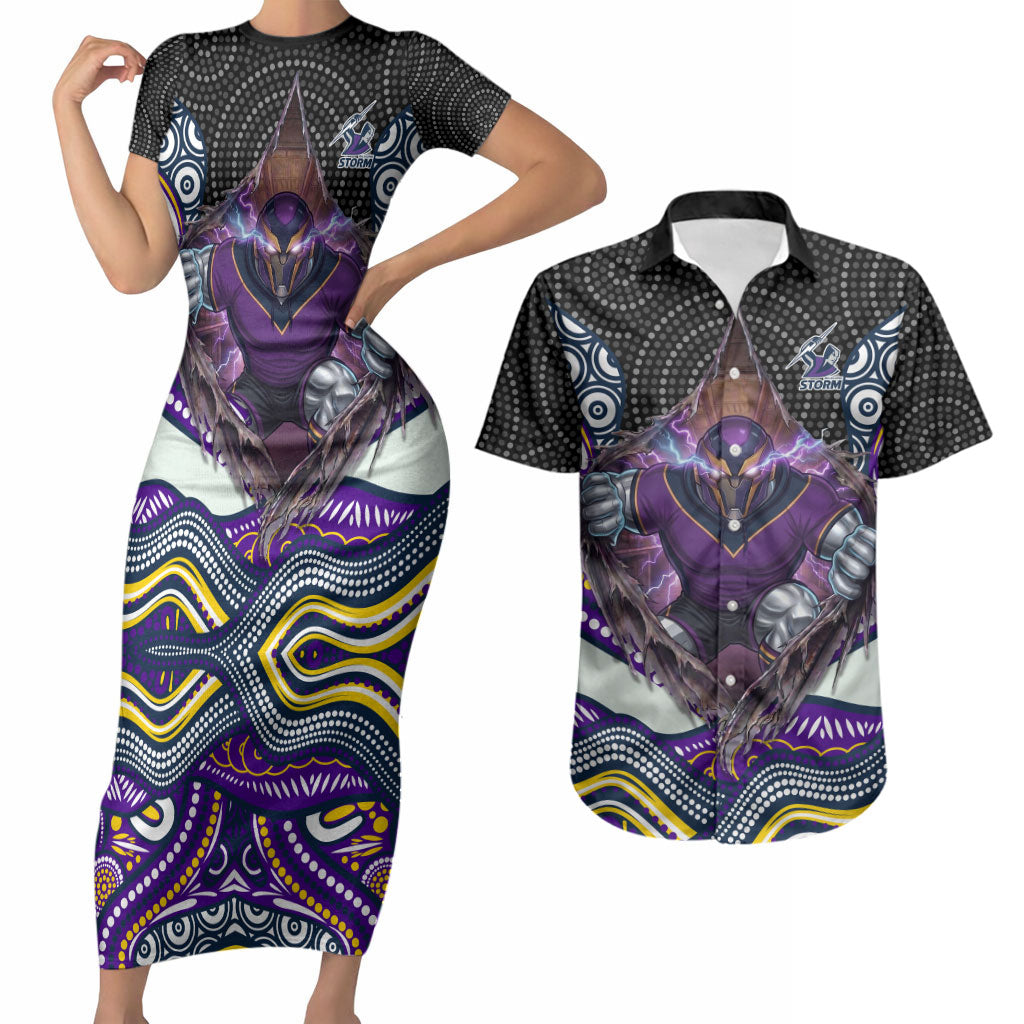 Melbourne Storm Couples Matching Short Sleeve Bodycon Dress and Hawaiian Shirt The Scream of Lightning Eyes - Indigenous Dot Ripping Effect