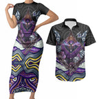 Melbourne Storm Couples Matching Short Sleeve Bodycon Dress and Hawaiian Shirt The Scream of Lightning Eyes - Indigenous Dot Ripping Effect