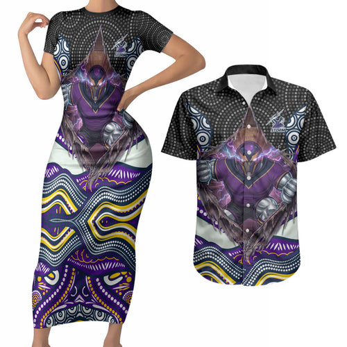 Melbourne Storm Couples Matching Short Sleeve Bodycon Dress and Hawaiian Shirt The Scream of Lightning Eyes - Indigenous Dot Ripping Effect