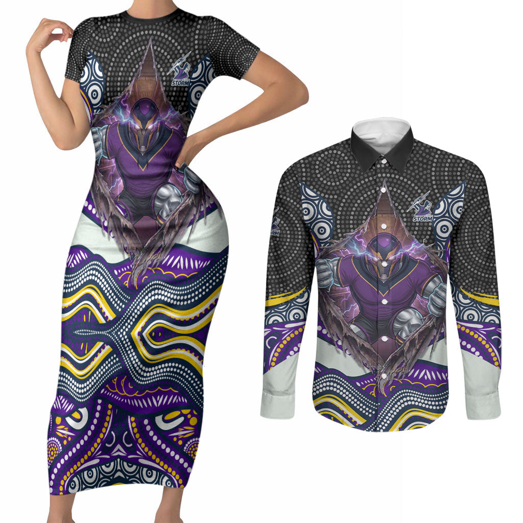 Melbourne Storm Couples Matching Short Sleeve Bodycon Dress and Long Sleeve Button Shirt The Scream of Lightning Eyes - Indigenous Dot Ripping Effect