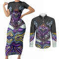Melbourne Storm Couples Matching Short Sleeve Bodycon Dress and Long Sleeve Button Shirt The Scream of Lightning Eyes - Indigenous Dot Ripping Effect